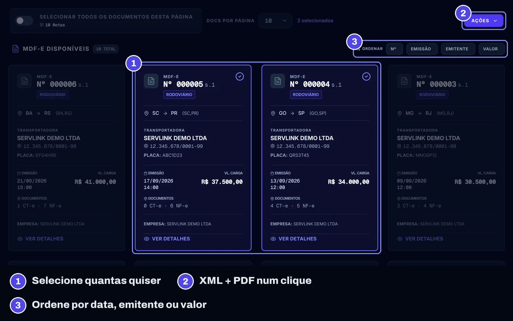 Painel do ServLink listando MDF-e com percurso por UF, placa, transportadora, documentos vinculados e valor da carga