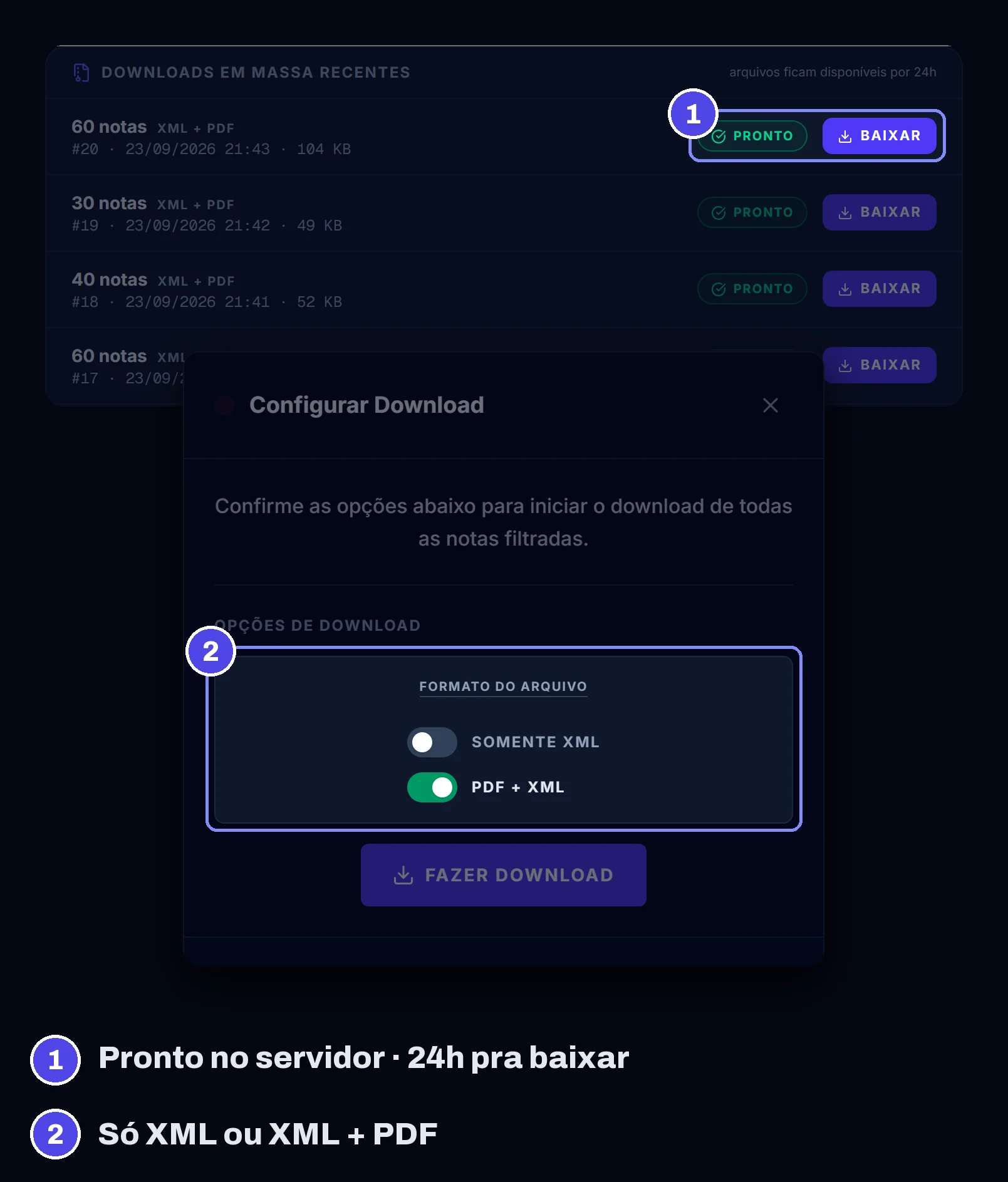 Downloads em lote de NF-e prontos no servidor e opção de formato do arquivo: somente XML ou PDF + XML