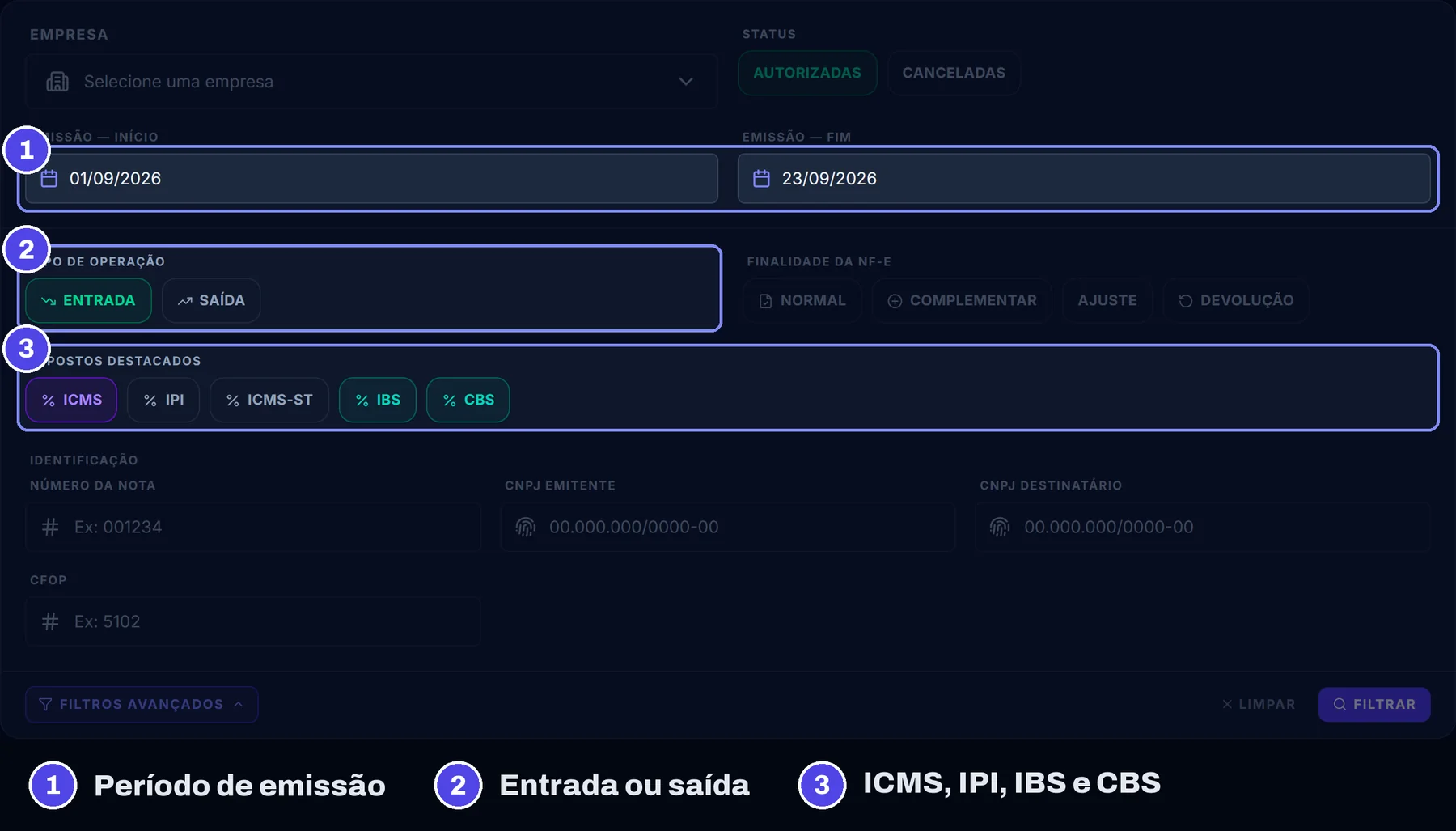 Filtros avançados de NF-e: período de emissão, entrada ou saída, finalidade, impostos destacados ICMS, IPI, ICMS-ST, IBS e CBS, CNPJ e CFOP