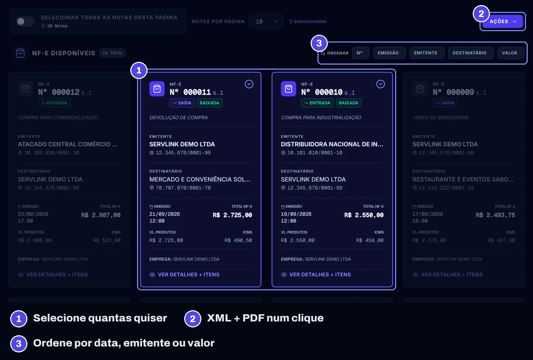 Painel do ServLink listando NF-e de entrada e saída com emitente, destinatário, total da nota e ICMS, duas notas selecionadas para download em lote