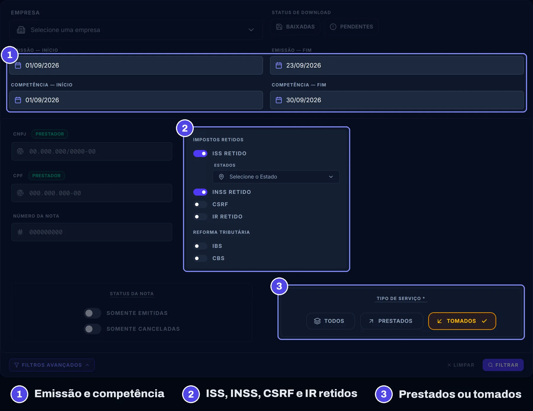 Filtros avançados de NFS-e: data de competência e data de emissão, CNPJ/CPF, impostos retidos e prestados ou tomados
