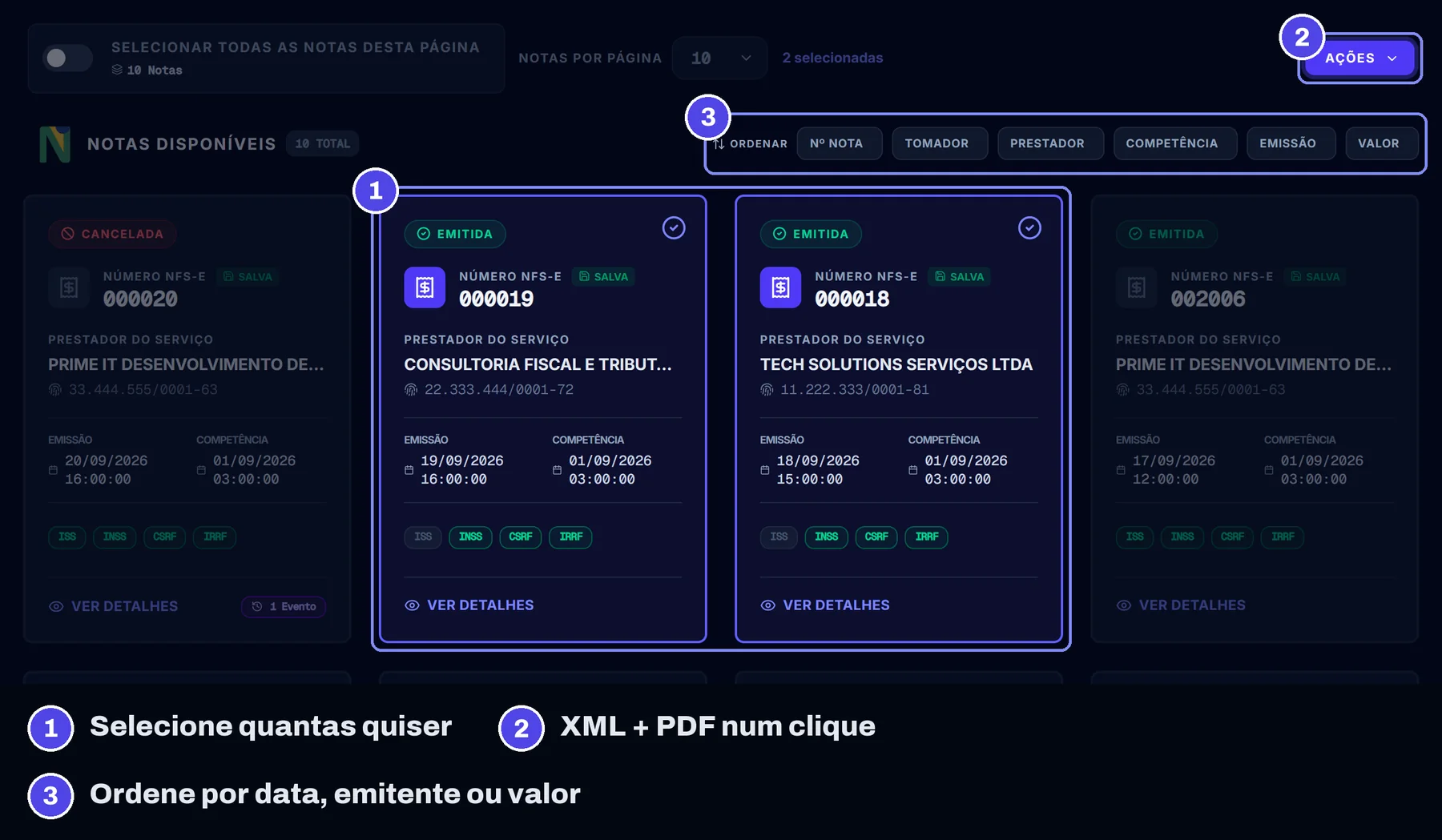 Painel do ServLink listando NFS-e em lote com prestador, competência, emissão e impostos retidos, duas notas selecionadas